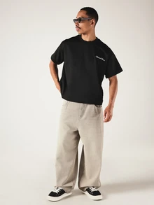 SUMWON Boxy Fit Blvd Script Logo Oversized Crew Neck Short Sleeve T-Shirt With Back Graphic Print - Black - View 3