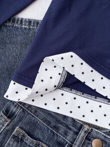 兒童青少年女孩秋季新款皇家藍拼接波點圖案蕾絲飾邊 2 合 1 休閒甜美長袖 T 恤 - 寶藍色 - 查看 5
