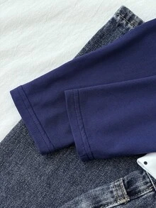 兒童青少年女孩秋季新款皇家藍拼接波點圖案蕾絲飾邊 2 合 1 休閒甜美長袖 T 恤 - 寶藍色 - 查看 6