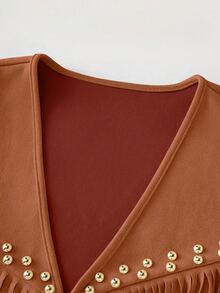 Yalmera Women's Suede Fringe Rivet Decor Boho Casual Jacket,Shades Of Brown,Autumn,Country Western,Concert,Chic Sleeveless Beige Early Spring & Summer Vest - Rust Brown - View 8