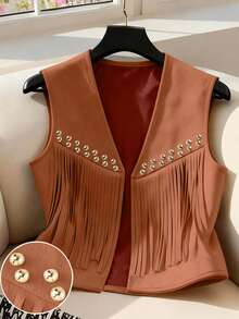 Yalmera Women's Suede Fringe Rivet Decor Boho Casual Jacket,Shades Of Brown,Autumn,Country Western,Concert,Chic Sleeveless Beige Early Spring & Summer Vest - Rust Brown - View 6