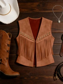 Yalmera Women's Suede Fringe Rivet Decor Boho Casual Jacket,Shades Of Brown,Autumn,Country Western,Concert,Chic Sleeveless Beige Early Spring & Summer Vest - Rust Brown - View 3