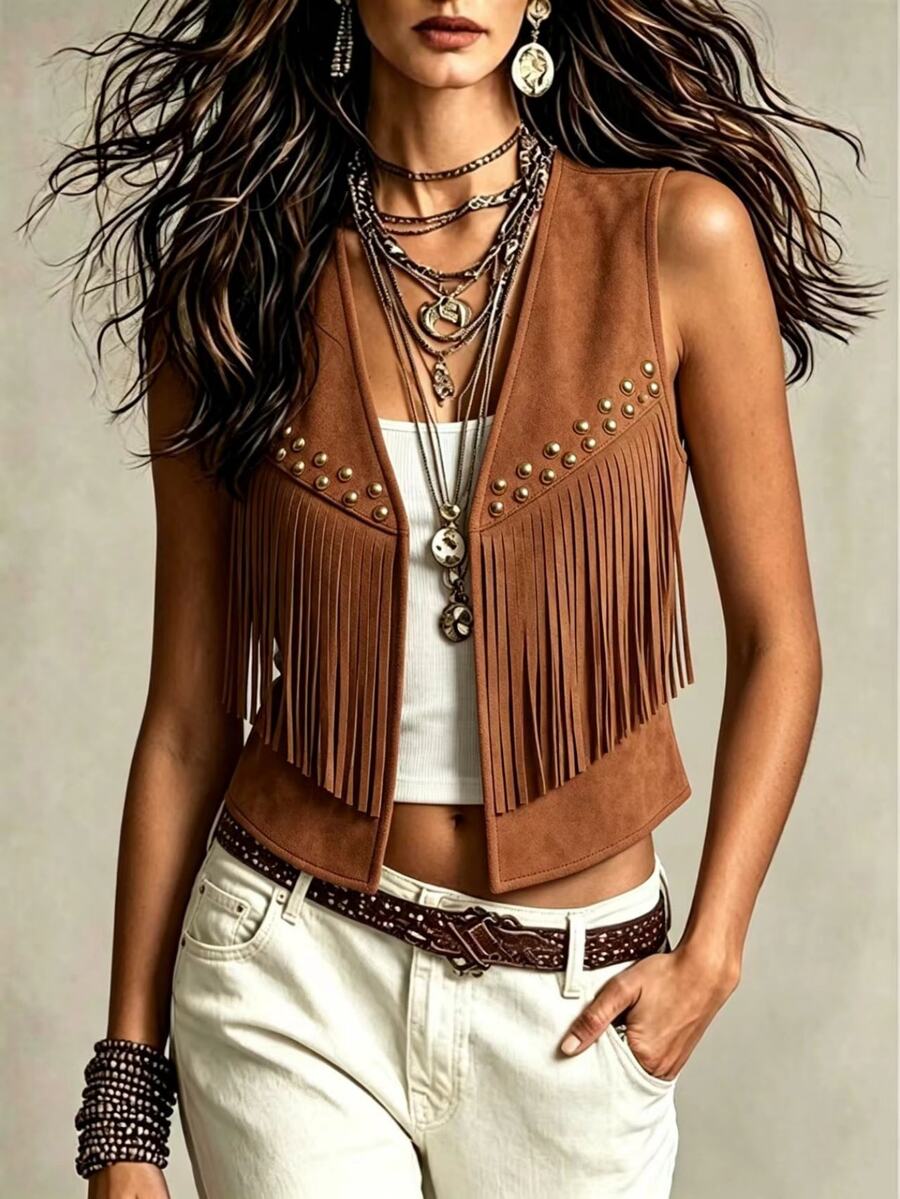 Yalmera Women's Suede Fringe Rivet Decor Boho Casual Jacket,Shades Of Brown,Autumn,Country Western,Concert,Chic Sleeveless Beige Early Spring & Summer Vest - Rust Brown - View 1