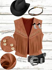 Yalmera Women's Suede Fringe Rivet Decor Boho Casual Jacket,Shades Of Brown,Autumn,Country Western,Concert,Chic Sleeveless Beige Early Spring & Summer Vest - Rust Brown - View 4