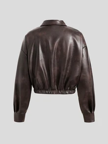 SHEIN 青少年女孩秋冬新款美式復古棕色做舊PU皮革短夾克 - 棕色 - 查看 2