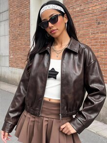 SHEIN 青少年女孩秋冬新款美式復古棕色做舊PU皮革短夾克 - 棕色 - 查看 1