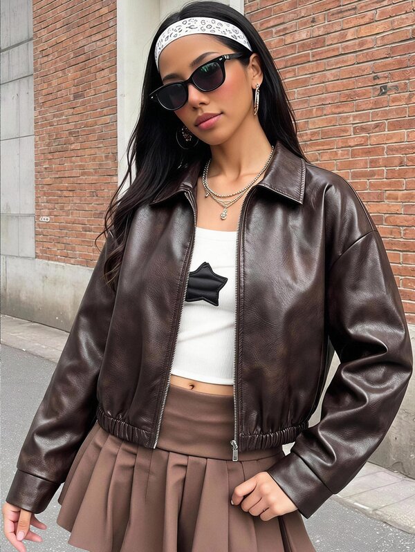 SHEIN Коротка куртка для дівчат-підлітків на осінь/зиму, нова, в американському вінтажному стилі, коричнева, зі штучної шкіри PU з ефектом потертості