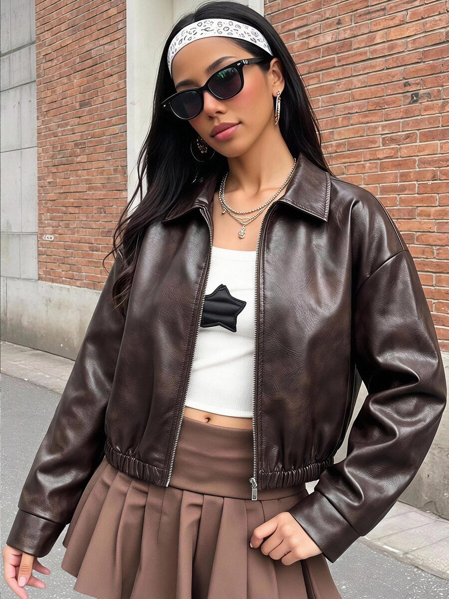 SHEIN 青少年女孩秋冬新款美式復古棕色做舊PU皮革短夾克 - 棕色 - 查看 1
