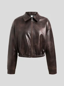 SHEIN 青少年女孩秋冬新款美式復古棕色做舊PU皮革短夾克 - 棕色 - 查看 3