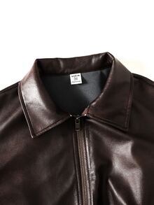 SHEIN 青少年女孩秋冬新款美式復古棕色做舊PU皮革短夾克 - 棕色 - 查看 4