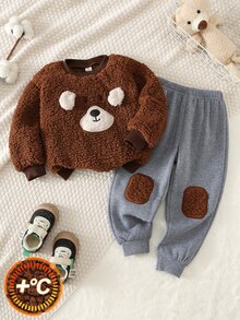 SHEIN Bubblio Baby Boy Young Boys Cartoon Puppy Pattern 3D Ears Thermal Lined Thick Contrast Color Round Neck Long Sleeve Pullover Sweatshirt Elastic Waist Cuffed Knee Patch Long Pants 2 Pieces Set - Multicolor - View 4