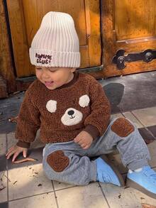 SHEIN Bubblio Baby Boy Young Boys Cartoon Puppy Pattern 3D Ears Thermal Lined Thick Contrast Color Round Neck Long Sleeve Pullover Sweatshirt Elastic Waist Cuffed Knee Patch Long Pants 2 Pieces Set - Multicolor - View 1