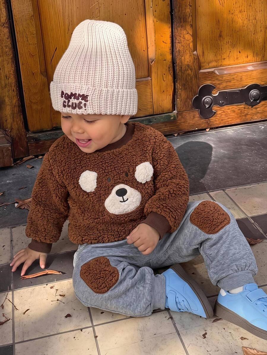 SHEIN Bubblio Baby Boy Young Boys Cartoon Puppy Pattern 3D Ears Thermal Lined Thick Contrast Color Round Neck Long Sleeve Pullover Sweatshirt Elastic Waist Cuffed Knee Patch Long Pants 2 Pieces Set - Multicolor - View 1