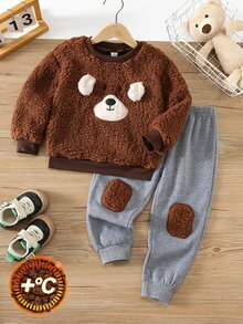 SHEIN Bubblio Baby Boy Young Boys Cartoon Puppy Pattern 3D Ears Thermal Lined Thick Contrast Color Round Neck Long Sleeve Pullover Sweatshirt Elastic Waist Cuffed Knee Patch Long Pants 2 Pieces Set - Multicolor - View 2