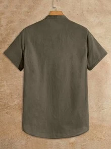 HIMLAND Men's Solid Color Single-Breasted Casual Versatile Short Sleeve Shirt For Daily Wear - Army Green - View 2
