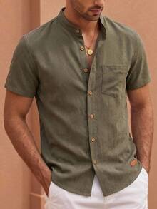 HIMLAND Men's Solid Color Single-Breasted Casual Versatile Short Sleeve Shirt For Daily Wear - Army Green - View 4