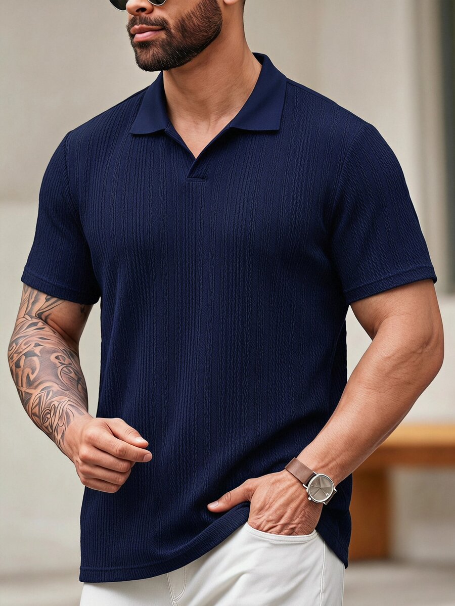 HIMLAND Men's Plus Size Solid Color Short Sleeve Casual Commute Polo Shirt - Navy Blue - View 1