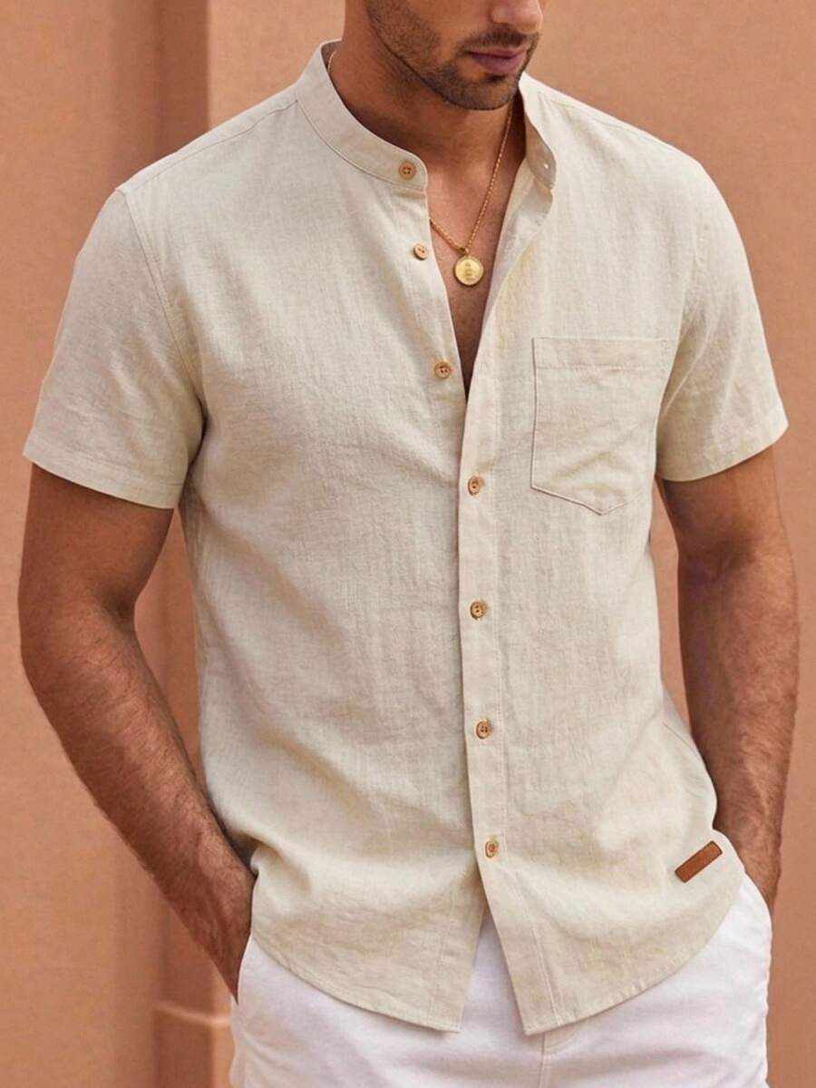 HIMLAND Men's Solid Color Single-Breasted Pocket Woven Short Sleeve Shirt - Khaki - View 1