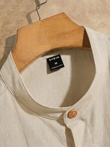 HIMLAND Men's Solid Color Single-Breasted Pocket Woven Short Sleeve Shirt - Khaki - View 4