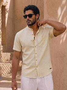 HIMLAND Men's Solid Color Single-Breasted Pocket Woven Short Sleeve Shirt - Khaki - View 6