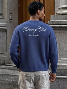 FRESIVO 男士休闲宽松纯色圆领落肩长袖针织套头毛衣 - 藍色 - 查看 1