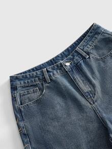 ROMWE MEN Men Spider Web Embroidery Denim Shorts - Dusty Blue - View 5