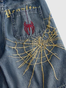 ROMWE MEN Men Spider Web Embroidery Denim Shorts - Dusty Blue - View 4