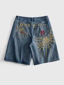 ROMWE MEN Men Spider Web Embroidery Denim Shorts - Dusty Blue - View 1