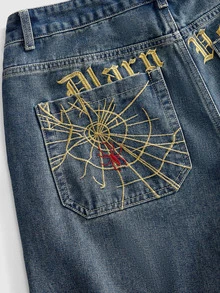 ROMWE MEN Men Spider Web Embroidery Denim Shorts - Dusty Blue - View 2
