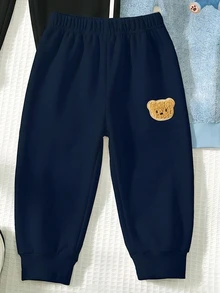 3件裝小男孩長褲 街頭時尚休閒可愛熊圖案 條紋元素 牛仔風圖案印花 適合夏季外出與玩耍 - 黑色 - 查看 4