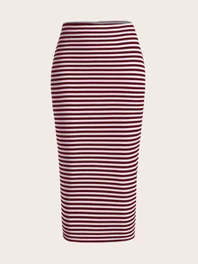 SHEIN EZwear 紅白色大尺碼女款鉛筆裙 正式度假風 70年代 畢業派對 早午餐 辦公室 返校季 秋季休閒 柔軟修身 90年代秋季 - 紅白色 - 查看 1