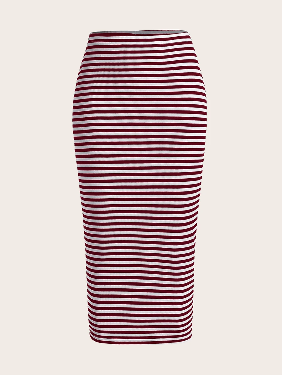 SHEIN EZwear 紅白色大尺碼女款鉛筆裙 正式度假風 70年代 畢業派對 早午餐 辦公室 返校季 秋季休閒 柔軟修身 90年代秋季 - 紅白色 - 查看 1