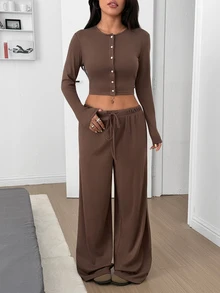 SHEIN EZwear 女款棕色調針織休閒長袖上衣與長褲家居服套裝，適合早午餐、居家放鬆、日常穿著、冬季日夜場合與聚飲休閒 - 摩卡棕 - 查看 3