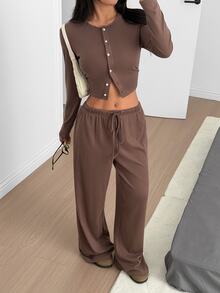 SHEIN EZwear 女款棕色調針織休閒長袖上衣與長褲家居服套裝，適合早午餐、居家放鬆、日常穿著、冬季日夜場合與聚飲休閒 - 摩卡棕 - 查看 6