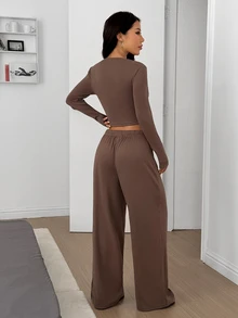 SHEIN EZwear 女款棕色調針織休閒長袖上衣與長褲家居服套裝，適合早午餐、居家放鬆、日常穿著、冬季日夜場合與聚飲休閒 - 摩卡棕 - 查看 2