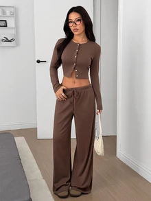 SHEIN EZwear 女款棕色調針織休閒長袖上衣與長褲家居服套裝，適合早午餐、居家放鬆、日常穿著、冬季日夜場合與聚飲休閒 - 摩卡棕 - 查看 5