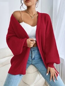 SHEIN EZwear Women's Spring Fashionable Drop Shoulder Ribbed Knit Duster Cardigan,Long Sleeve Tops In Fall/Winter - Red - View 4