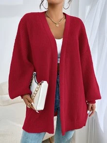 SHEIN EZwear Women's Spring Fashionable Drop Shoulder Ribbed Knit Duster Cardigan,Long Sleeve Tops In Fall/Winter - Red - View 7