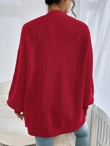 SHEIN EZwear Women's Spring Fashionable Drop Shoulder Ribbed Knit Duster Cardigan,Long Sleeve Tops In Fall/Winter - Red - View 2