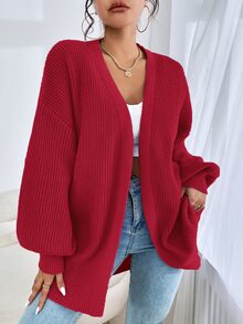 SHEIN EZwear Women's Spring Fashionable Drop Shoulder Ribbed Knit Duster Cardigan,Long Sleeve Tops In Fall/Winter - Red - View 5