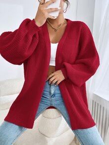 SHEIN EZwear Women's Spring Fashionable Drop Shoulder Ribbed Knit Duster Cardigan,Long Sleeve Tops In Fall/Winter - Red - View 6