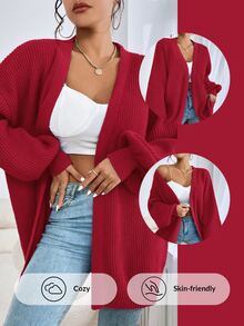 SHEIN EZwear Women's Spring Fashionable Drop Shoulder Ribbed Knit Duster Cardigan,Long Sleeve Tops In Fall/Winter - Red - View 3