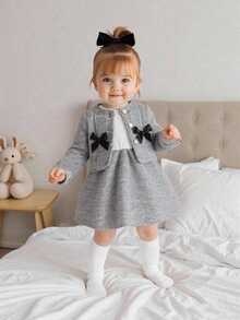SHEIN Playful Pals 女嬰 2件組優雅粗花呢長袖前扣夾克外套與配套A字裙套裝，蝴蝶結裝飾，甜美春夏秋冬服飾 - 黑色 - 查看 1