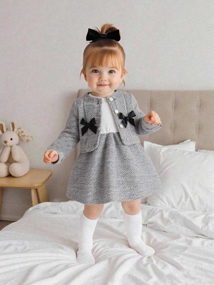 SHEIN Playful Pals 女嬰 2件組優雅粗花呢長袖前扣夾克外套與配套A字裙套裝,蝴蝶結裝飾,甜美春夏秋冬服飾 - 黑色 - 查看 1