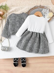 SHEIN Playful Pals 女嬰 2件組優雅粗花呢長袖前扣夾克外套與配套A字裙套裝，蝴蝶結裝飾，甜美春夏秋冬服飾 - 黑色 - 查看 2
