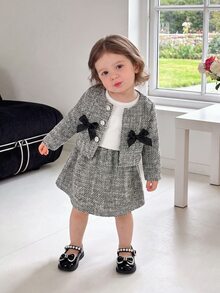 SHEIN Playful Pals 女嬰 2件組優雅粗花呢長袖前扣夾克外套與配套A字裙套裝，蝴蝶結裝飾，甜美春夏秋冬服飾 - 黑色 - 查看 10
