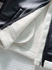 Girls' Cute Faux Suede Fleece Composite Fabric Jacket Contrast Leather Trim Retro Classic Loose Fit Coat School Student Black And White Winter - Black - View 10