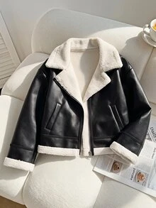 Girls' Cute Faux Suede Fleece Composite Fabric Jacket Contrast Leather Trim Retro Classic Loose Fit Coat School Student Black And White Winter - Black - View 5