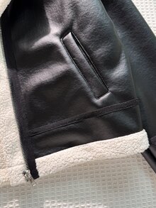 Girls' Cute Faux Suede Fleece Composite Fabric Jacket Contrast Leather Trim Retro Classic Loose Fit Coat School Student Black And White Winter - Black - View 8