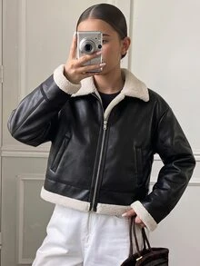 Girls' Cute Faux Suede Fleece Composite Fabric Jacket Contrast Leather Trim Retro Classic Loose Fit Coat School Student Black And White Winter - Black - View 3